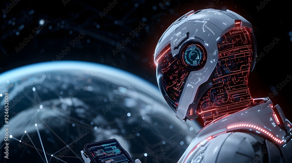 Poster a futuristic robot with glowing circuits gazes at earth, embodying advanced technology and explorati