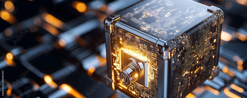 Poster a futuristic technology cube emitting glowing light, representing innovation and advanced digital co