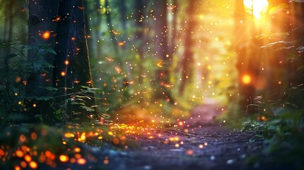 Glowing fireflies, twilight forest path, soft focus, magical evening, serene ambiance