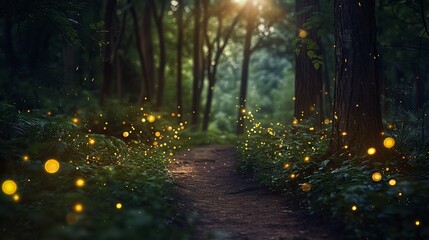 Glowing fireflies, twilight forest path, soft focus, magical evening, serene ambiance
