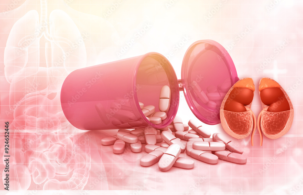 Wall mural Human kidney with medicine pills. 3d illustration