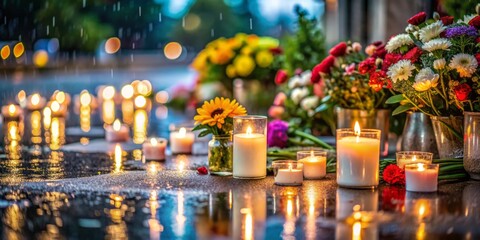 candles and flowers surrounding COVID-19 memorial with soft focus and shallow depth of field on dark and rainy night