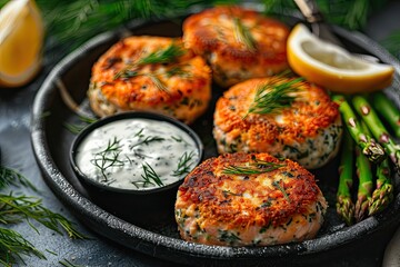 A plate of crispy fish cakes served with a creamy dip and lemon wedges.