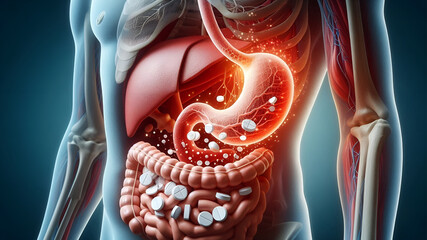 A beautifully created, realistic HD image of paracetamol tablets dissolving in the stomach.