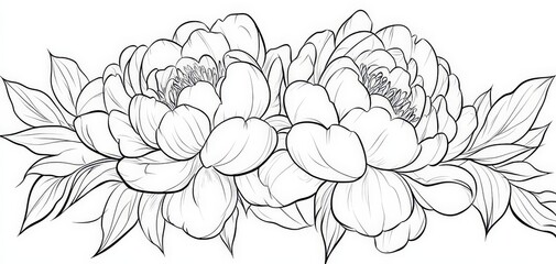 Line Art Peony Bouquet Delicate Black and White Floral Illustration - Keywords peony, flower, line art, black and white, illustration, botanical, floral design