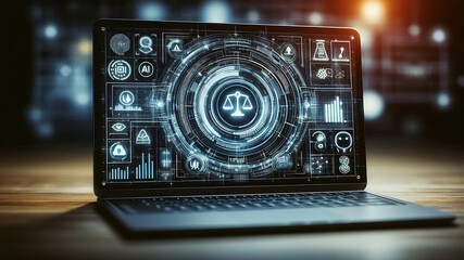 A close-up view of a futuristic laptop screen displaying an AI interface with various icons.