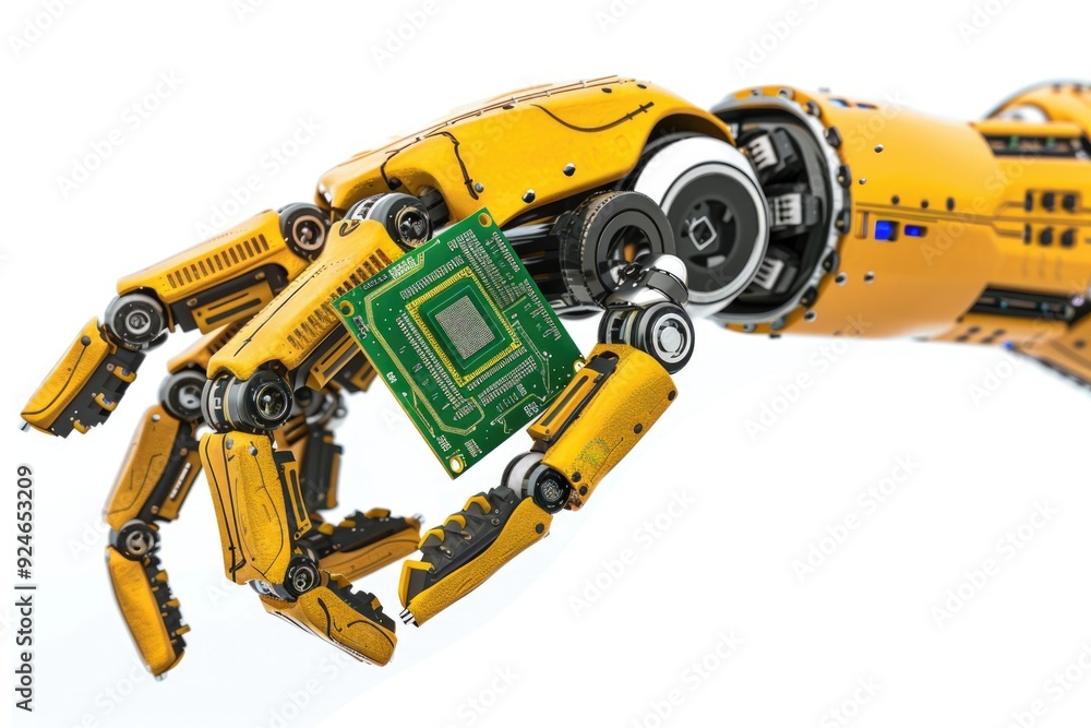 Aufkleber a robotic hand holds a green circuit board, suitable for technology and innovation illustrations