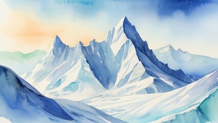watercolor of A stunning iceberg, surrounded by snow-capped mountains and a vast winter landscape under a clear blue sky