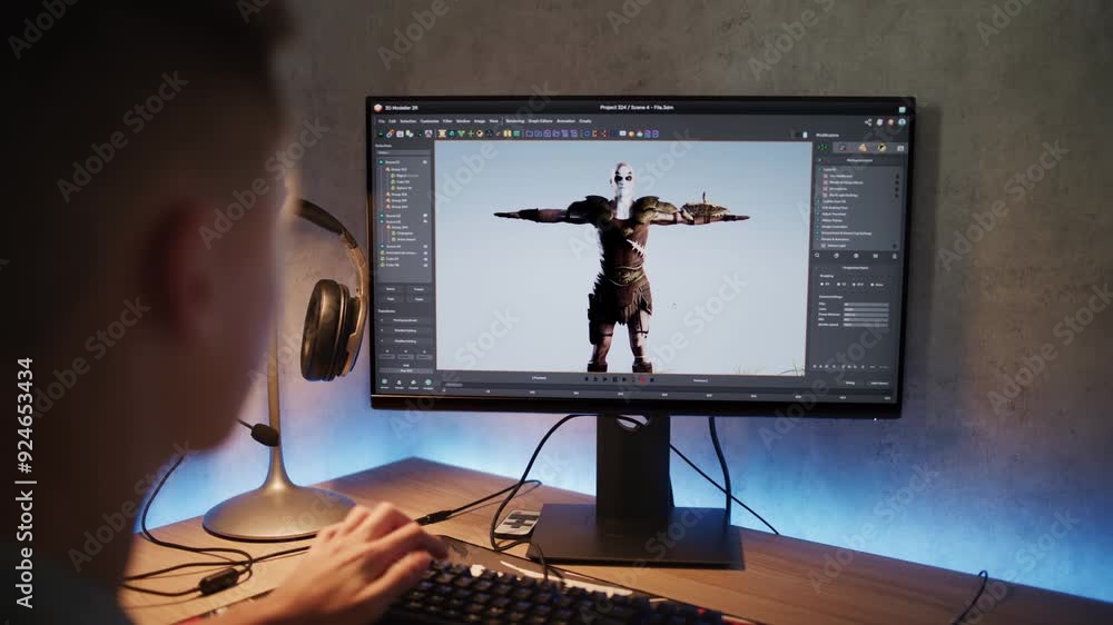 Poster Young game developer creates 3D model and animation of character using computer. Interface of professional 3D modeling software. Teenage boy works on freelance project on PC at home. Game development.