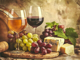 Wine and Cheese Pairing: A rustic still life featuring a wooden board laden with fresh grapes, aged cheeses, and two glasses of wine &ndash; one red and one white, offering a tantalizing glimpse of a delect