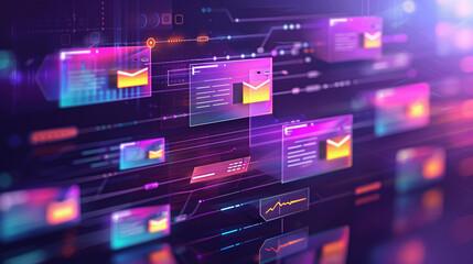 Obraz premium Digital interface with email icons and data graphs on a futuristic, neon-lit background. Concepts of communication, technology, and data visualization.