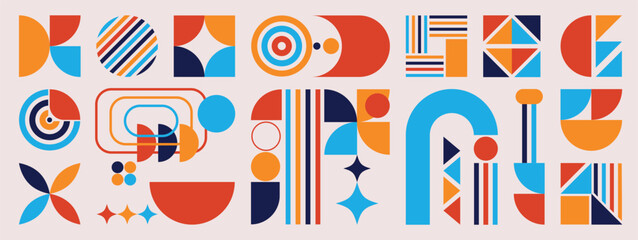 Set of geometric pattern element in mid-century style. Retro abstract collection of vibrant colorful sparkle shape, line. Modern trendy design for cover, business card, poster, wall art.