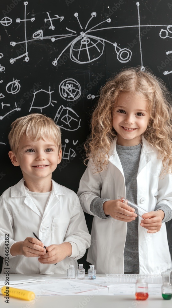 Poster young scientists collaborating on a science project with blackboard diagrams, generative ai