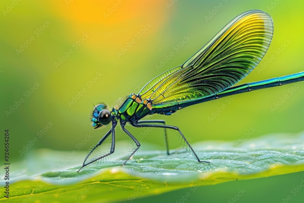 Poster a close-up shot of a dragonfly resting on a leaf, with intricate details visible