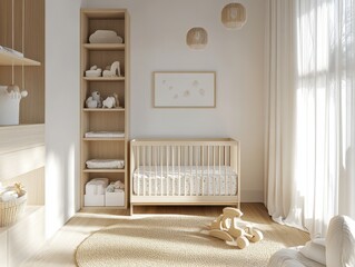 A nursery room with a wooden crib, a white wall, and a white curtain