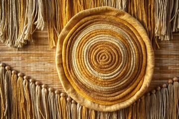 Fototapeta premium Golden Tapestry: Warm, rustic, woven texture, swirling ocher hues, minimalist Scandinavian lines