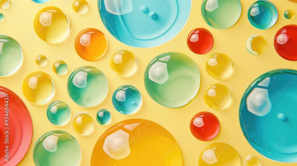 Poster a collection of colorful bubbles floating on a bright yellow surface