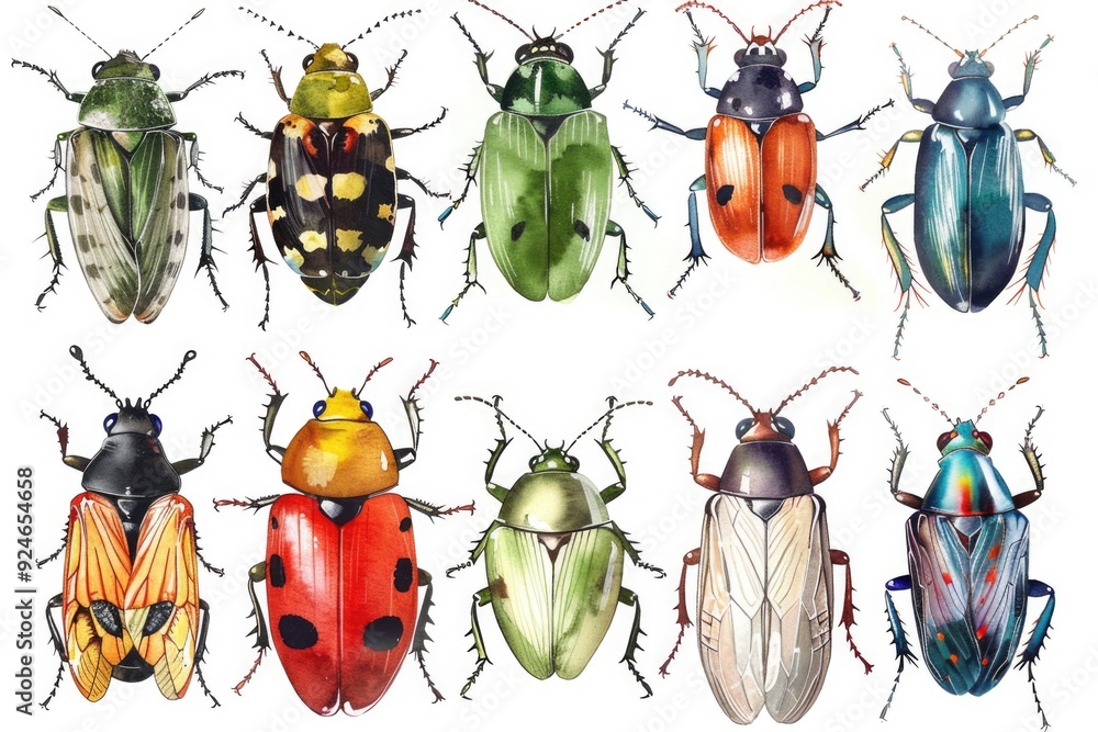 Poster a collection of variously colored insects on a white surface, suitable for use in illustrations and 