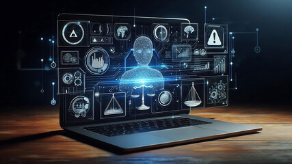 A visually stunning, realistic HD image of a laptop screen displaying an AI-driven interface.