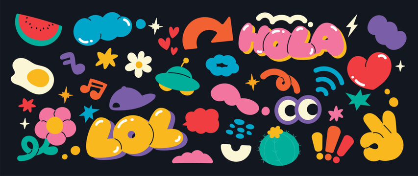 Set of funky groovy element vector. Collection of cartoon characters, cute doodle dawn, spaceship, heart, flower, watermelon. Retro hippie design for decorative, sticker, toys and kids. 