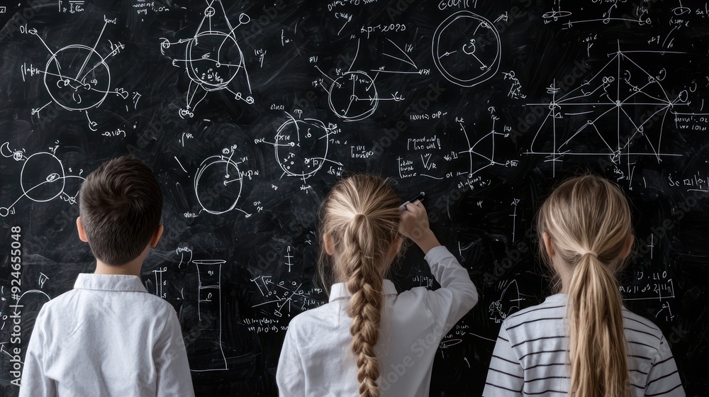 Poster young students presenting science project in classroom setting with blackboard diagrams, generative 