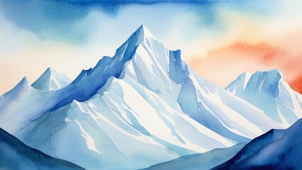 watercolor of A stunning iceberg, surrounded by snow-capped mountains and a vast winter landscape under a clear blue sky
