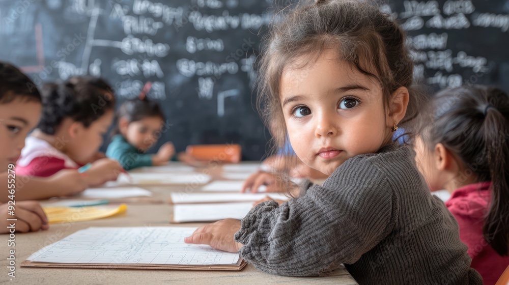 Poster engaged classroom scene: children working on assignments with blackboard instructions, generative ai