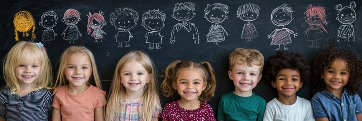 Young minds at work: Children immersed in a creative writing session with story ideas displayed on a blackboard, Generative Ai