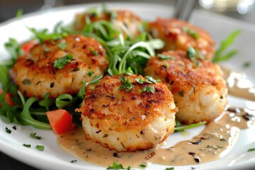 A plate of crispy scallops served on a bed of greens with a creamy sauce.