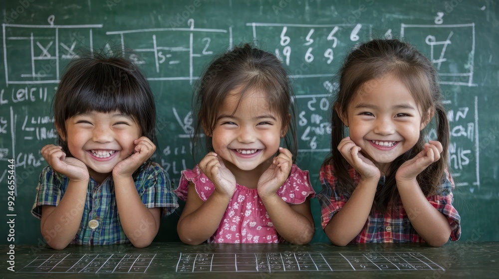 Poster excited children displaying solved math equations on classroom blackboard, generative ai