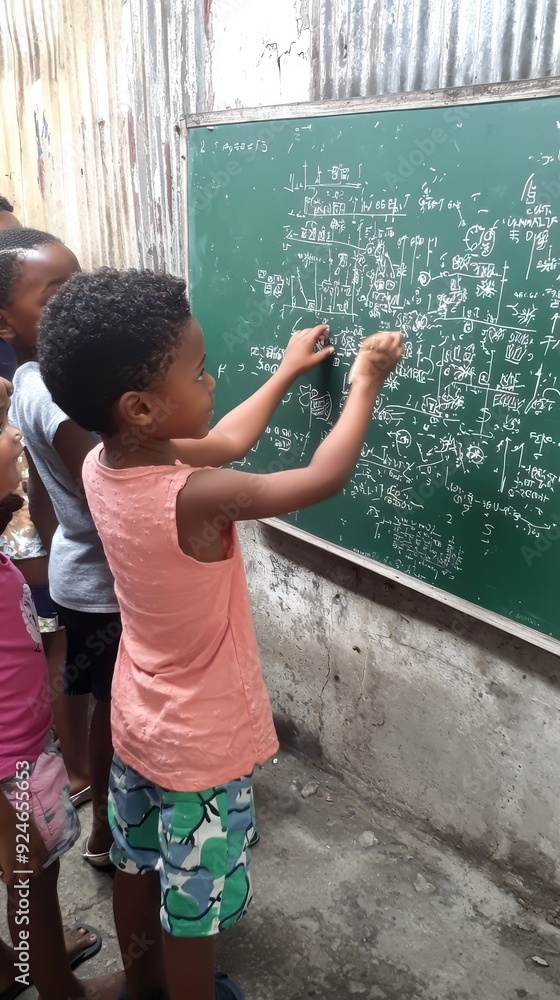 Poster dynamic classroom environment: children engaging in learning activities by the blackboard, generativ