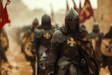 Group of medieval templar knights in full armor marching with banners in a misty background. Concepts of history, warfare, and medieval culture.