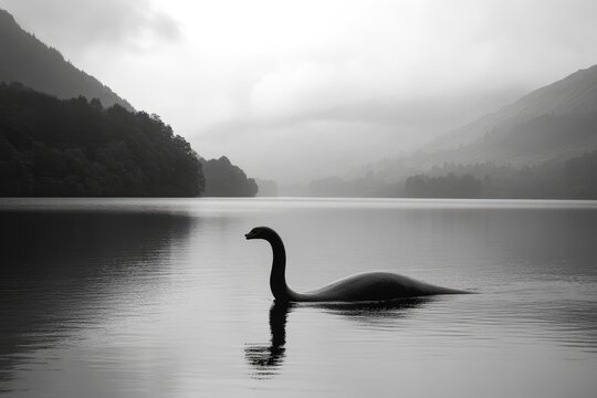A Silhouette of the Loch Ness Monster in a Calm Lake with Foggy Mountains in the Background