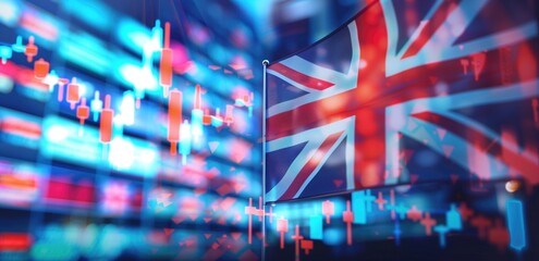 United Kingdom flag amidst vibrant financial market graphs and charts in a blurred digital background. Concepts of finance, economy, and investments in the UK.