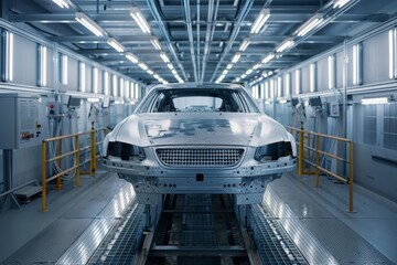Obraz premium Automotive industry car body assembly line in high tech factory checking cars before painting