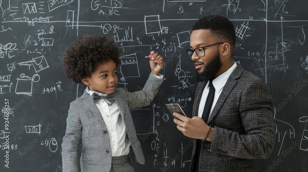 Poster interactive math lesson: teacher assisting student at blackboard with class observing, generative ai