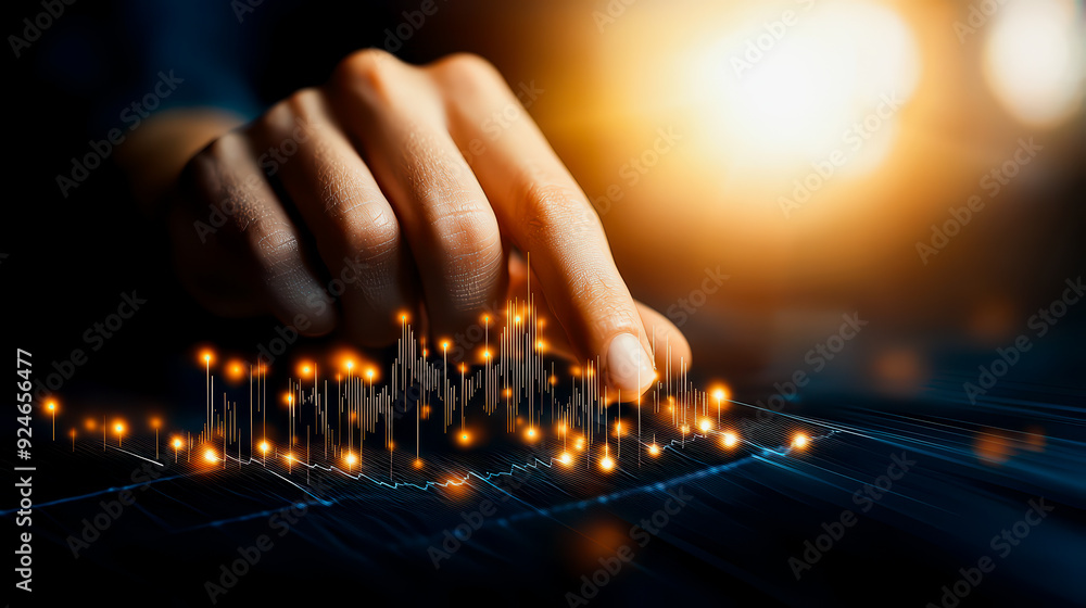 Poster a close-up of a hand analyzing data trends on a digital screen with glowing elements. perfect for bu