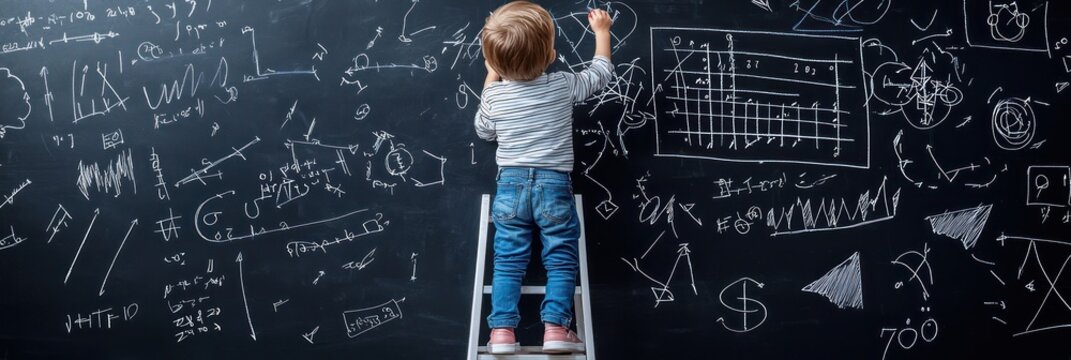 Young Genius: Child Writing Math Equations Surrounded by Floating Shapes on Blackboard, Generative Ai