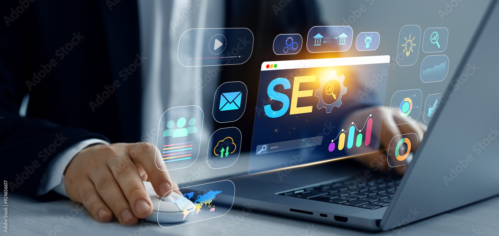 Aufkleber search engine optimization marketing and online traffic on website.business person who using a compu