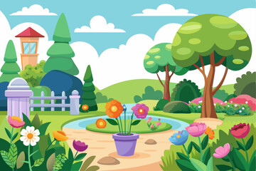 A Colorful Garden Scene with a Pond and a Small House