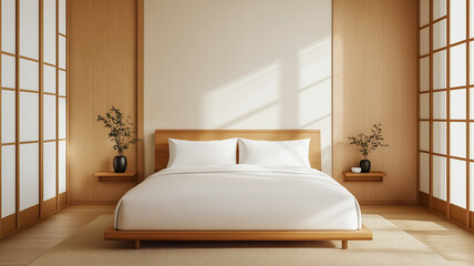 A Japandi bedroom with a low wooden bed crisp white linens and shoji screens allowing diffused light to filter in 