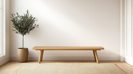 A Japandi entryway with a wooden bench simple storage solutions and a harmonious mix of Japanese and Scandinavian design elements 