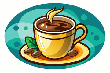 Obraz premium A Steaming Cup of Coffee with Beans and a Leaf on a Saucer