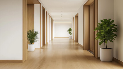 Obraz premium A Japandi hallway with simple wooden flooring neutral walls and elegant minimalistic decor creating a calming ambiance 
