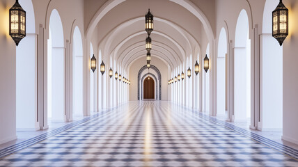 A Moroccan inspired hallway with arched doorways patterned tiles and lanterns lining the walls creating a grand entrance 