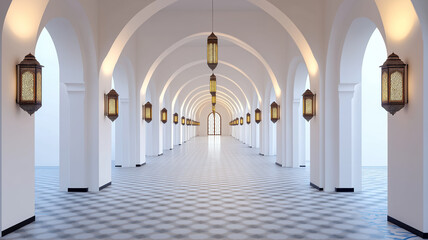 Obraz premium A Moroccan inspired hallway with arched doorways patterned tiles and lanterns lining the walls creating a grand entrance 
