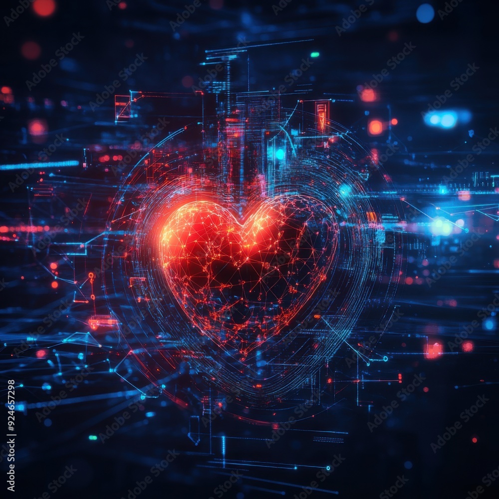 Poster heart of ai innovation - futuristic concept with pulsating digital heart surrounded by advanced tech