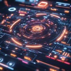 Glowing Futuristic AI Interface with Real-Time Algorithm Processing and Tech Graphics