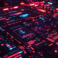 Fototapeta premium Digital Innovation: Futuristic AI Interface with Real-Time Algorithm Processing and Glowing Tech Graphics