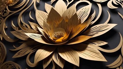 Ornate golden lotus flower with intricate petal patterns on a dark background, featuring fluid movement